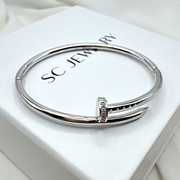 Nail Zirconia Bracelet Silver Love Bangle Cuff Stainless Steel Non-Tarnish - Picture 2 of 13